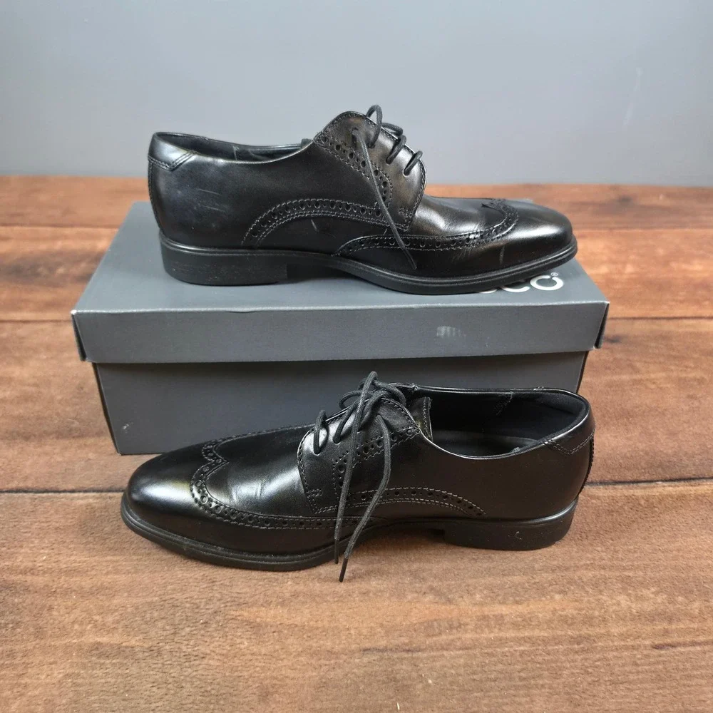 ECCO Wingtip Oxford Mens 43 Black Good Leather Brogue Lace Up Dress Shoes